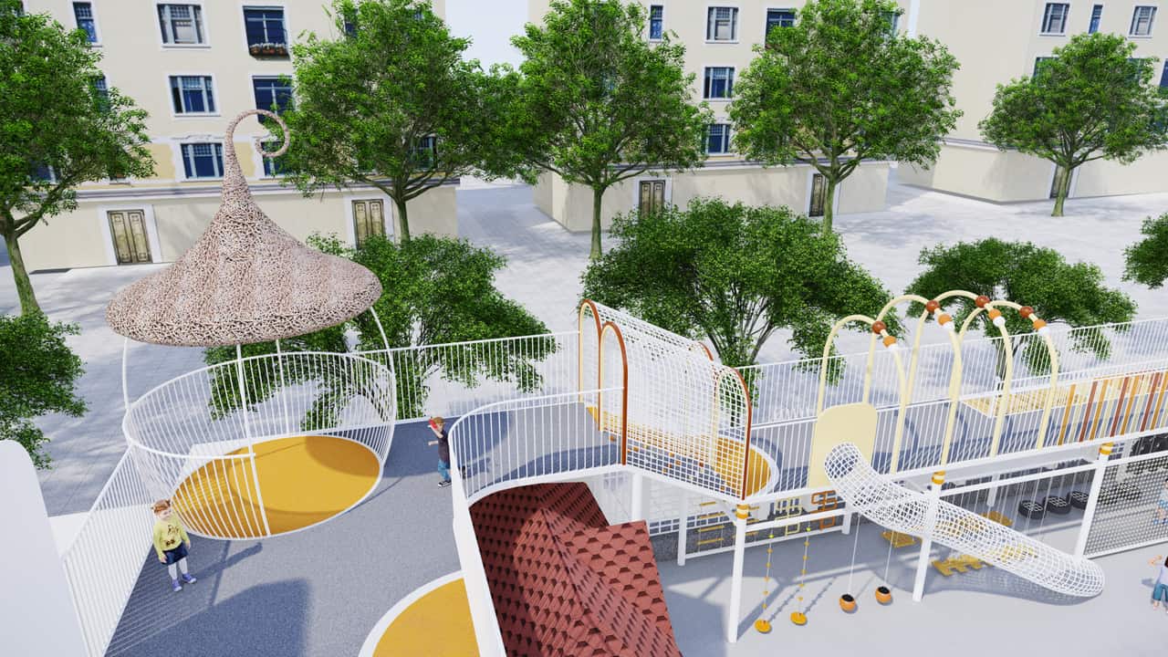 大班挑战场景:攀爬网塔与松鼠小屋编织顶(园区效果图)